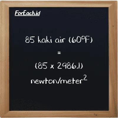 Cara konversi kaki air (60<sup>o</sup>F) ke newton/meter<sup>2</sup> (ftH2O ke N/m<sup>2</sup>): 85 kaki air (60<sup>o</sup>F) (ftH2O) setara dengan 85 dikalikan dengan 2986.1 newton/meter<sup>2</sup> (N/m<sup>2</sup>)